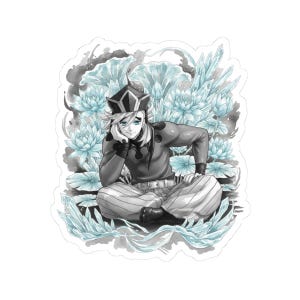 May include: A sticker featuring an anime-style character with pale skin, blue eyes, and white hair, wearing a dark outfit and a patterned hat. The character is seated in front of light blue lotus flowers and crystal-like structures.