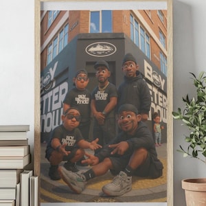 May include: Framed art print depicting a group of stylized figures in black clothing, posing in front of a building with the text "Boy Better Know". The figures are wearing sunglasses and hats. The print is in a wooden frame.