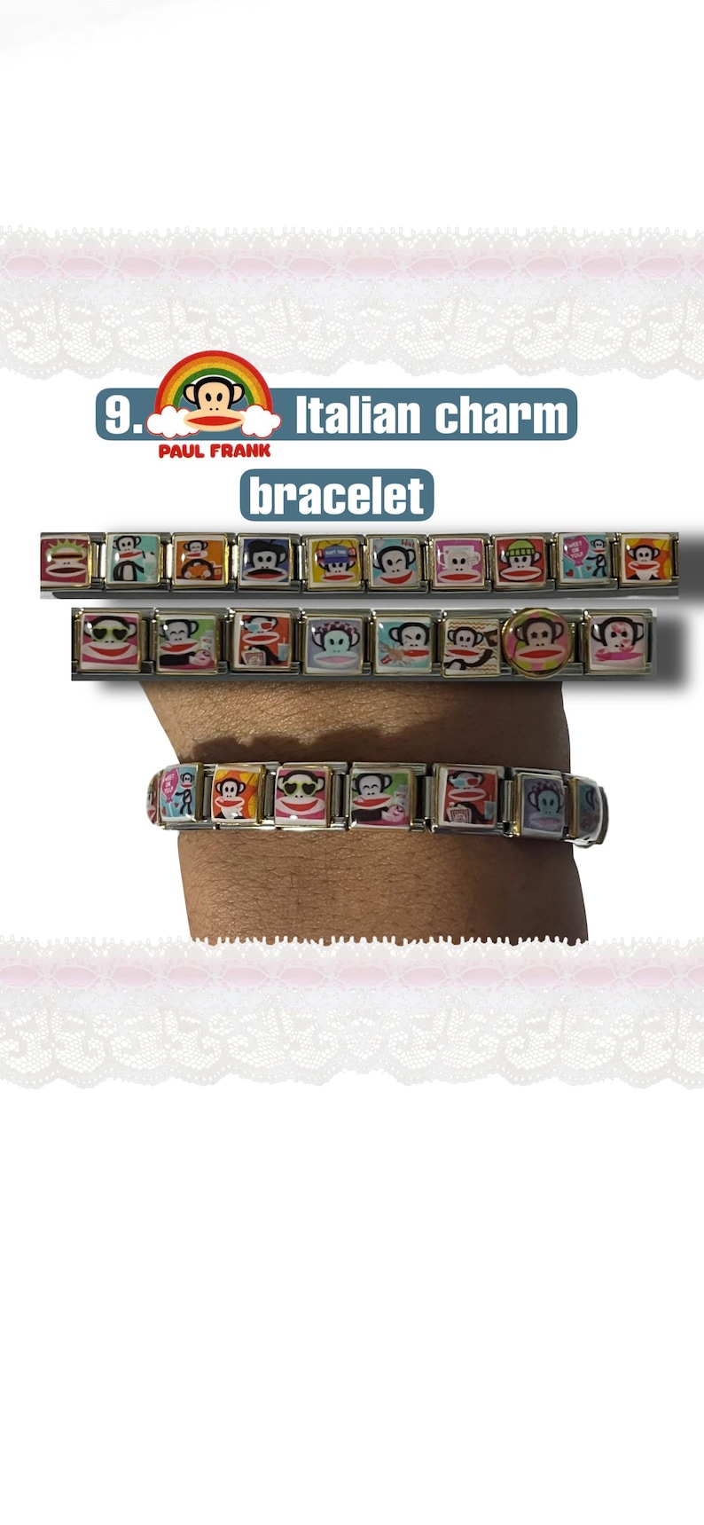 May include: Italian charm bracelet featuring colorful Paul Frank monkey designs. The bracelet is made of rectangular charms with various monkey illustrations. The text "Italian charm bracelet" is visible in the image.