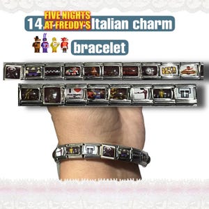 May include: A silver Italian charm bracelet featuring various images and characters from the video game "Five Nights at Freddy's." The bracelet is shown with additional charms and the text "FIVE NIGHTS AT FREDDY'S" and "bracelet".