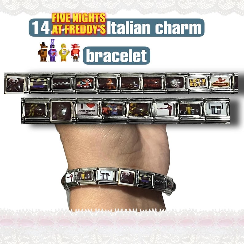 May include: A silver Italian charm bracelet featuring various images and characters from the video game "Five Nights at Freddy's." The bracelet is shown with additional charms and the text "FIVE NIGHTS AT FREDDY'S" and "bracelet".