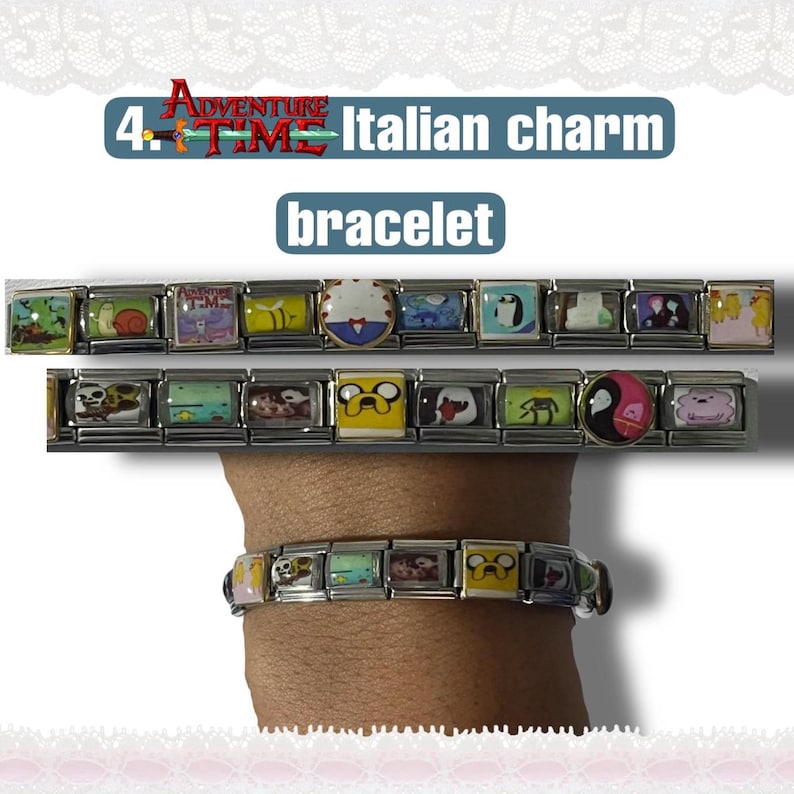 May include: Adventure Time Italian charm bracelets. The bracelets feature colorful, rectangular charms with various cartoon character designs. The image shows two separate bracelets and one worn on a wrist.