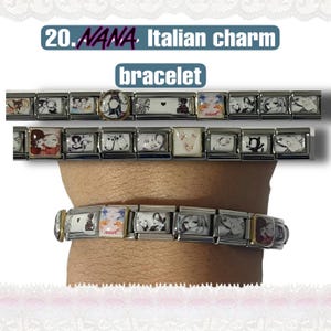 May include: An Italian charm bracelet with multiple rectangular charms. The charms feature various black and white illustrations and images. The text "20. NANA Italian charm bracelet" is displayed at the top of the image.