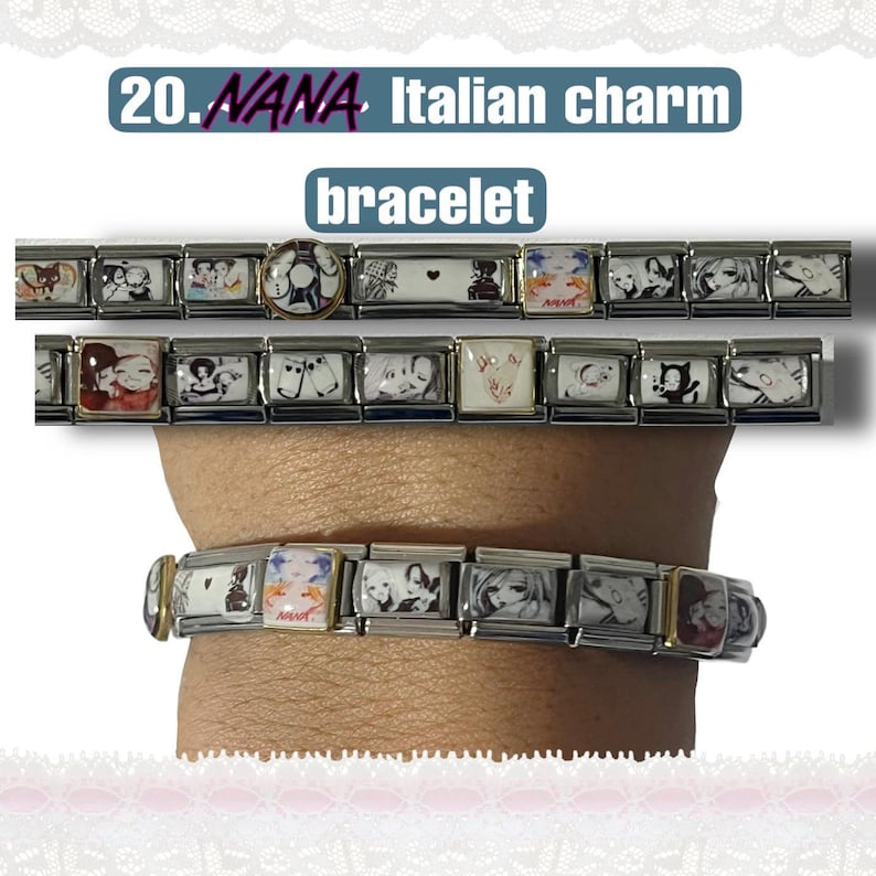 May include: An Italian charm bracelet with multiple rectangular charms. The charms feature various black and white illustrations and images. The text "20. NANA Italian charm bracelet" is displayed at the top of the image.