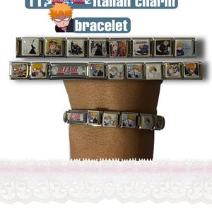 May include: A silver Italian charm bracelet featuring multiple rectangular charms with anime character illustrations. The charms are connected to form a bracelet. The text "BLEACH" and "Italian charm bracelet" is visible.