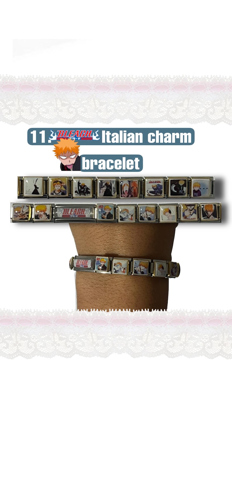 May include: A silver Italian charm bracelet featuring multiple rectangular charms with anime character illustrations. The charms are connected to form a bracelet. The text "BLEACH" and "Italian charm bracelet" is visible.