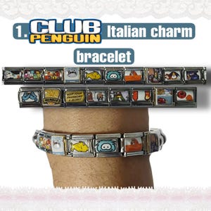 May include: An Italian charm bracelet featuring colorful rectangular charms with cartoon characters and text. The bracelet is shown on a wrist, with additional charms displayed above. The text "CLUB PENGUIN" and "Italian charm bracelet" are visible.