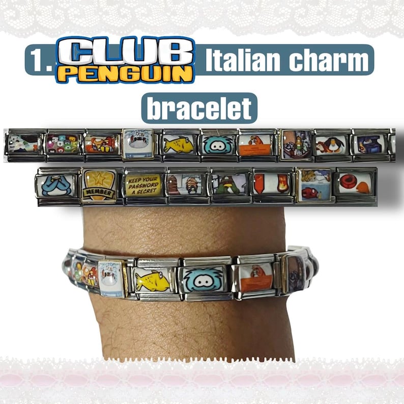 May include: An Italian charm bracelet featuring colorful rectangular charms with cartoon characters and text. The bracelet is shown on a wrist, with additional charms displayed above. The text "CLUB PENGUIN" and "Italian charm bracelet" are visible.