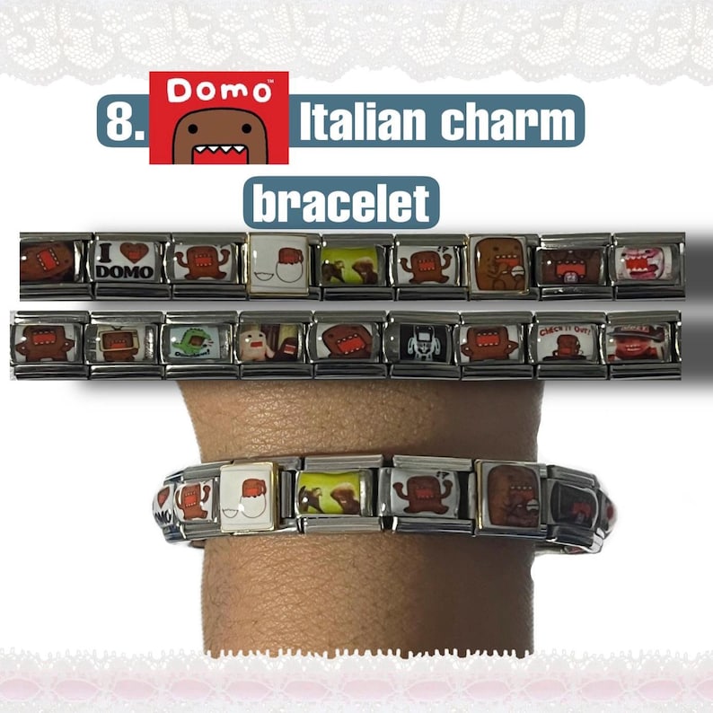May include: Italian charm bracelet featuring Domo-kun character designs. The bracelet is made of rectangular metal links, each displaying a different Domo-kun image. The text "Italian charm bracelet" is visible in the image.