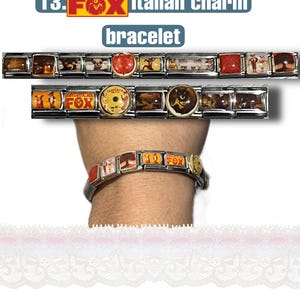 May include: An Italian charm bracelet featuring various rectangular charms with images and the text "FANTASTIC MR. FOX". The bracelet is shown on a wrist, with additional charms displayed separately.