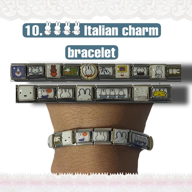 May include: Italian charm bracelet featuring various rectangular charms with cartoon rabbit designs. The charms are silver-toned and connected to form a bracelet. The text "10. Italian charm bracelet" is displayed above the charms.
