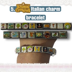 May include: An Italian charm bracelet featuring various colorful Animal Crossing themed charms. The charms are square and connected by metal links. The bracelet is shown on a wrist, with two additional rows of charms above it. Text on the image reads "Animal Crossing bracelet".