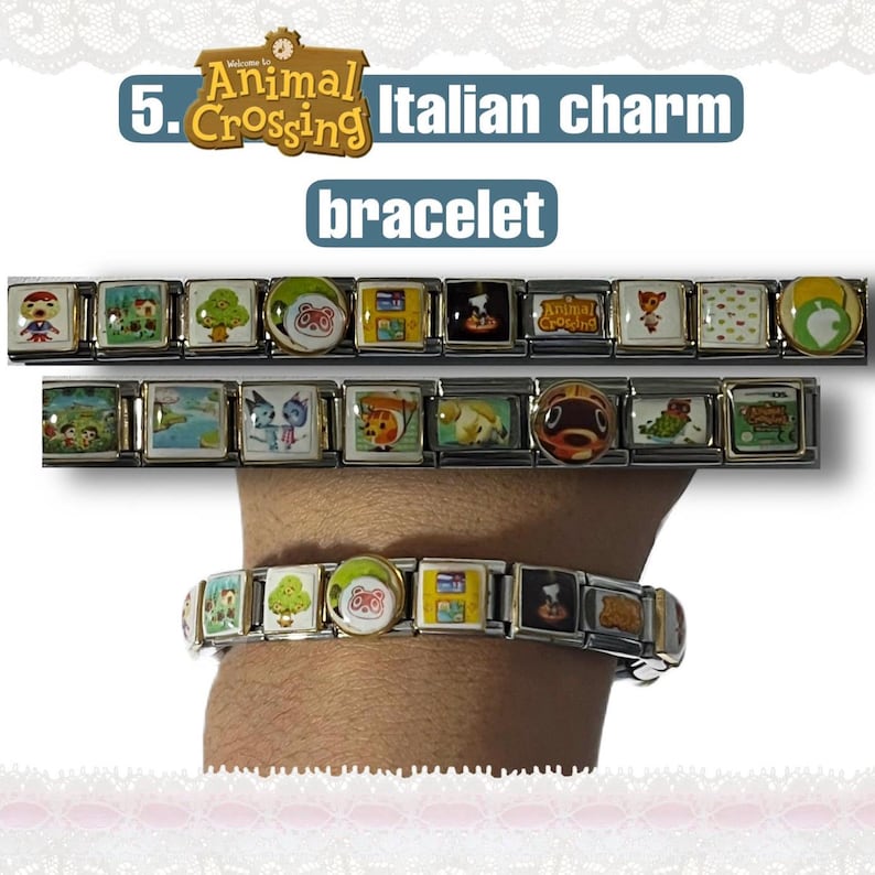 May include: An Italian charm bracelet featuring various colorful Animal Crossing themed charms. The charms are square and connected by metal links. The bracelet is shown on a wrist, with two additional rows of charms above it. Text on the image reads "Animal Crossing bracelet".