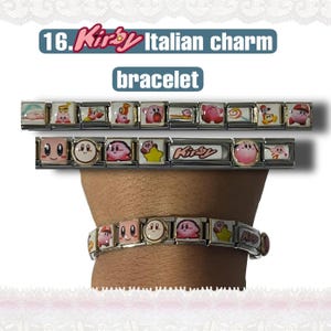 May include: Italian charm bracelet featuring colorful Kirby character designs. The bracelet is shown in three rows, with the text "16. Kirby Italian charm bracelet" at the top. The charms have various Kirby images on a white background.
