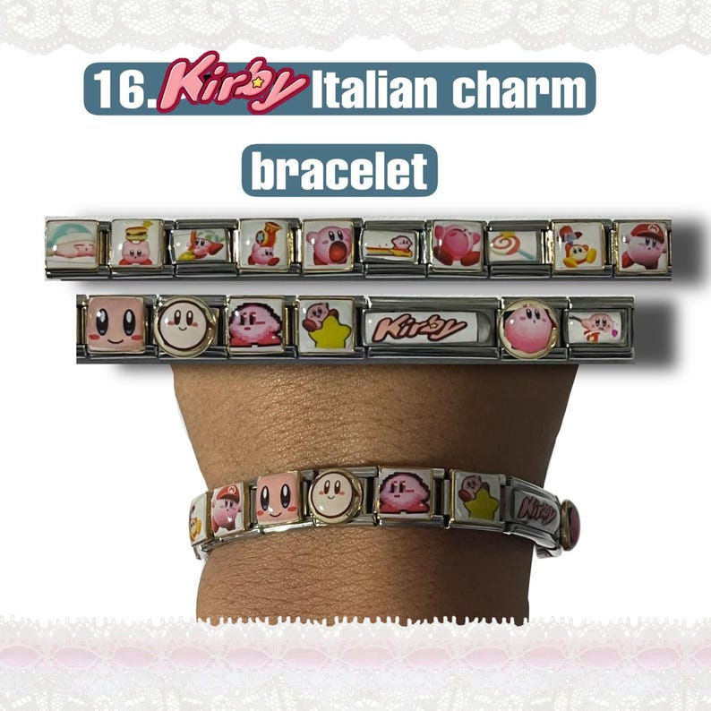 May include: Italian charm bracelet featuring colorful Kirby character designs. The bracelet is shown in three rows, with the text "16. Kirby Italian charm bracelet" at the top. The charms have various Kirby images on a white background.