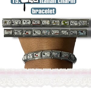 May include: An Italian charm bracelet featuring Snoopy and other Peanuts characters. The bracelet is shown with multiple charms and is worn on a wrist. The image also includes the text "Italian charm bracelet".