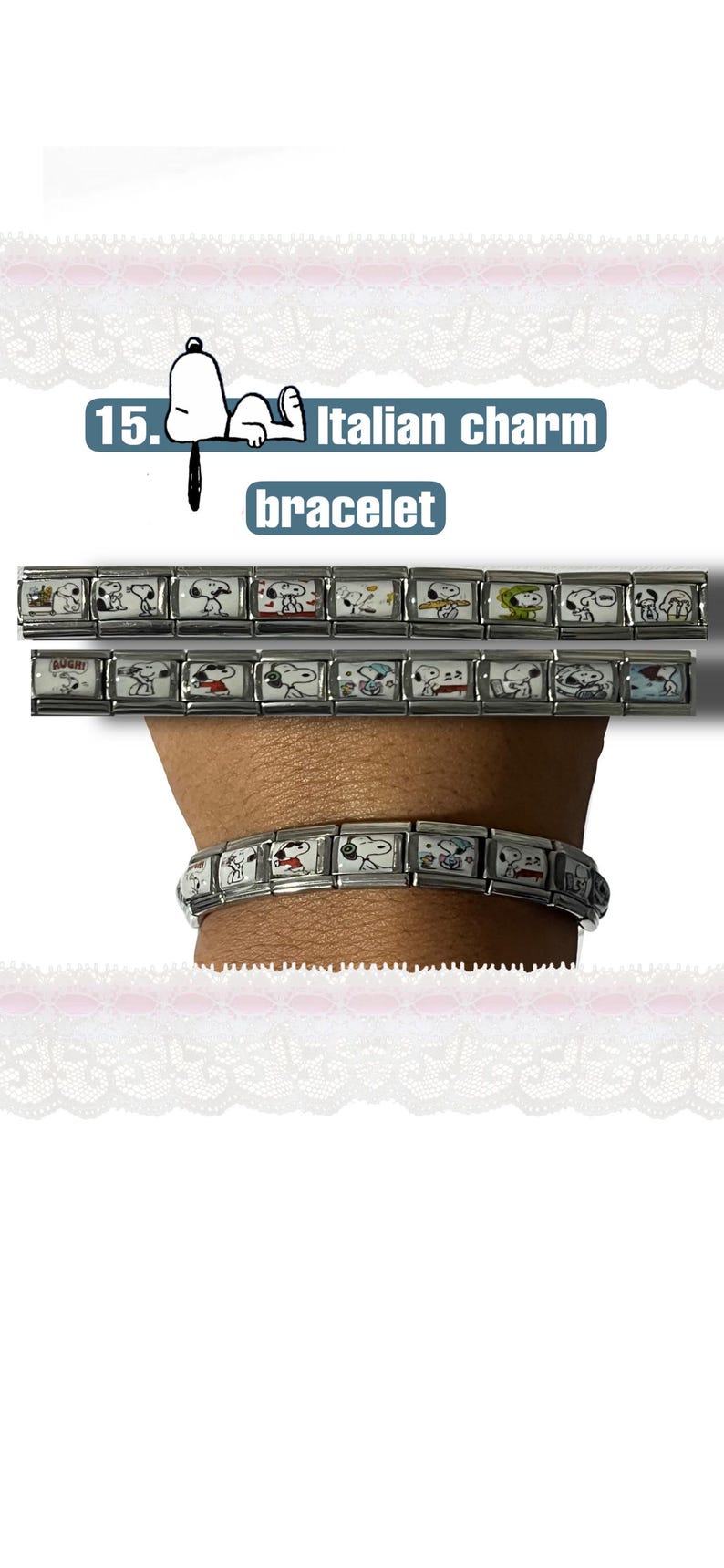May include: An Italian charm bracelet featuring Snoopy and other Peanuts characters. The bracelet is shown with multiple charms and is worn on a wrist. The image also includes the text "Italian charm bracelet".