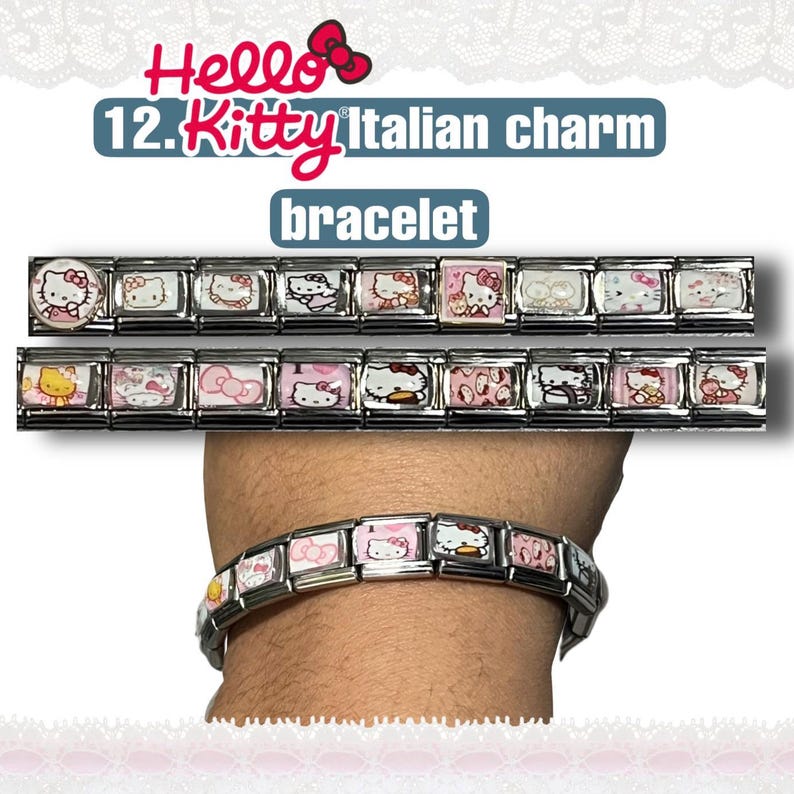 May include: Hello Kitty Italian charm bracelet. The bracelet features rectangular charms with Hello Kitty designs in pink, white, and yellow. The text "Hello Kitty Italian charm bracelet" is displayed at the top.