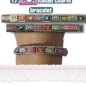 May include: Italian charm bracelet featuring colorful rectangular links with cartoon bunny designs. The bracelet is shown on a wrist, with multiple rows of charms visible. The text "Italian charm bracelet" is displayed above the bracelet.