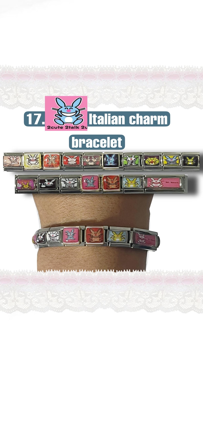 May include: Italian charm bracelet featuring colorful rectangular links with cartoon bunny designs. The bracelet is shown on a wrist, with multiple rows of charms visible. The text "Italian charm bracelet" is displayed above the bracelet.
