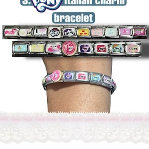 May include: Italian charm bracelet featuring My Little Pony characters. The bracelet is silver-toned and has multiple rectangular charms with colorful pony designs. The image also includes the text "3. PONY Italian charm bracelet."