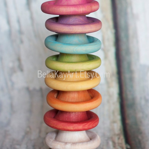 Rainbow Rings N Bells / Stacking N Learning Toy / Natural Wood Toy