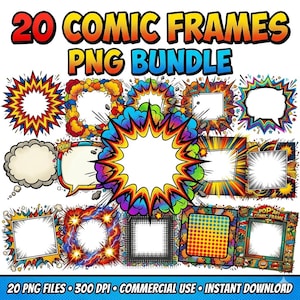 Peut inclure: Une collection numérique de 20 cadres de bande dessinée au format PNG, avec des motifs vibrants et multicolores d'explosions, de bulles et de trames. Le texte 20 COMIC FRAMES PNG BUNDLE et 20 PNG FILES 300 DPI COMMERCIAL USE INSTANT DOWNLOAD est inclus.
