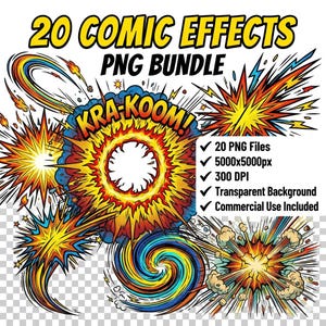 May include: A digital graphic bundle featuring 20 comic book effects. The image includes colorful explosions, swirls, and bursts, with the text "KRA-KOOM!" and "20 COMIC EFFECTS PNG BUNDLE". Includes 20 PNG files, 5000x5000px, 300 DPI, transparent background, and commercial use.