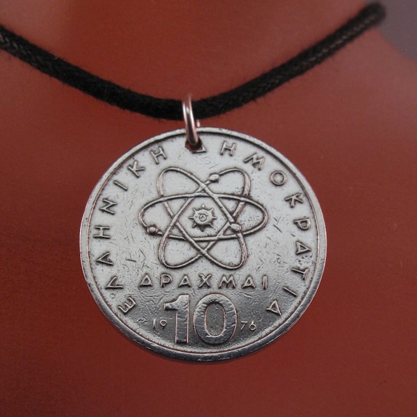 ATOMIC NECKLACE /  ATOM /  Greek coin jewelry. roman charm.. Democritus. mens jewelry. Physics pendant No.00221