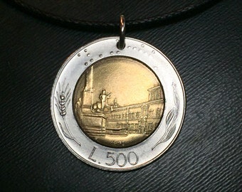 Italy necklace . Italy coin Jewelry. Braille jewelry. Jewelry Blind.  lire italy . quirinal palace charm. Venice. Rome. No.00822