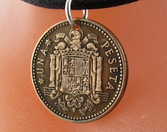 SPAIN COIN NECKLACE jewelry. Spanish peseta charm necklace.  Franco Caudillo. mens coin jewelry  No.001060