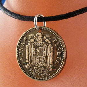 SPAIN COIN NECKLACE jewelry. Spanish peseta charm necklace.  Franco Caudillo. mens coin jewelry  No.001060