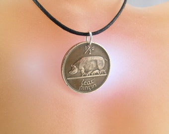 Good Luck IRISH COIN Necklace Ireland pig celtic sow pendant eire. 3 little pigs. mens coin jewelry. CHOOSE year No.00290