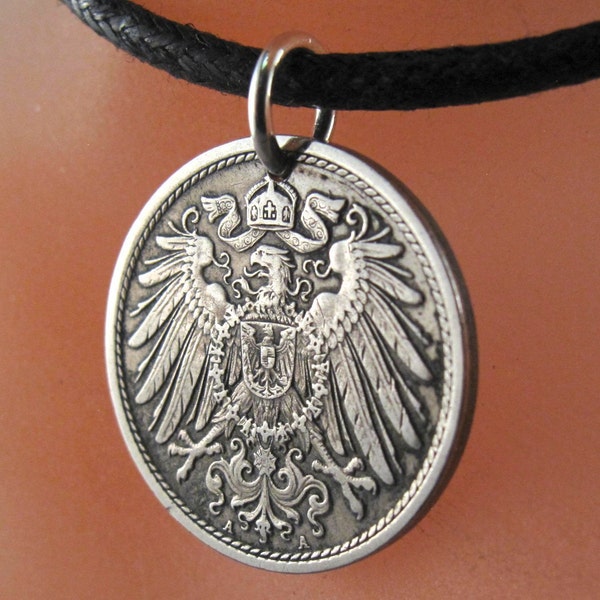 Antique GERMAN COIN NECKLACE  pfennig Germany Deutschland Charm Pendant. vintage spread eagle reich. No.00611