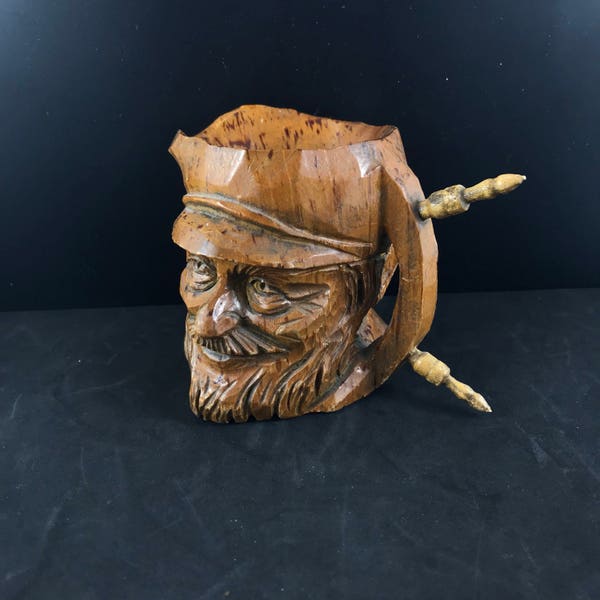 Vintage Wood Carving Quebec Canada - Wood Mug  R Roy - Man Ships Wheel- Fisherman - Sailor -  Folk Art Sculpture.
