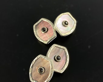 Antique deco grey shell cuff links - oyster shell rhinestone button cuff links. mens ladies formal wear No.001380