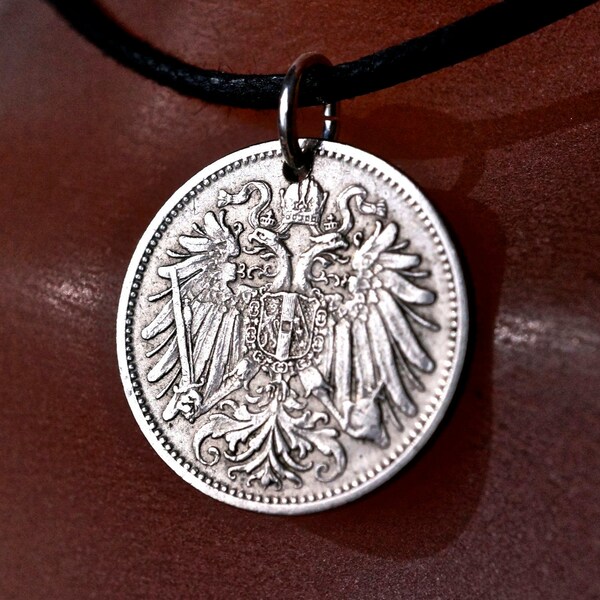 Antique AUSTRIAN NECKLACE . Spread Eagle Pendant.  Heller.  Austria Coin jewelry . Coin Pendant. Austria Charm   1900 No.00989