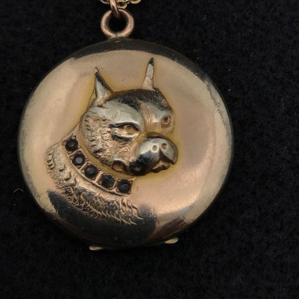 ANTIQUE GOLD LOCKET Necklace. Victorian Dog Locket Necklace, Gold Filled Locket, Canine Locket, Dog Fob. Bulldog  Boston Terrier No.001924