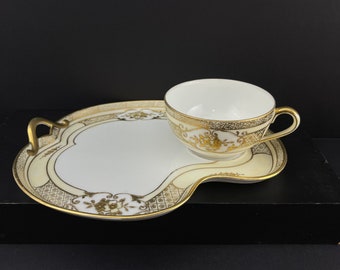 Antique Noritake Morimura Bros teacup & snack plate porcelain china  - Nippon made in Japan hand-painted Art Nouveau Kidney shape