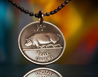 IRELAND coin necklace jewelry.  Irish pig Pendant . piglet. year of the pig. fertility . luck . mens coin necklace