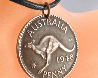 Coin necklace jewelry Australia  . AUSTRALIAN PENNY Coin Pendant - Coin Jewelry Kangaroo Roo - CHOOSE Year -  mens pendant No.00680