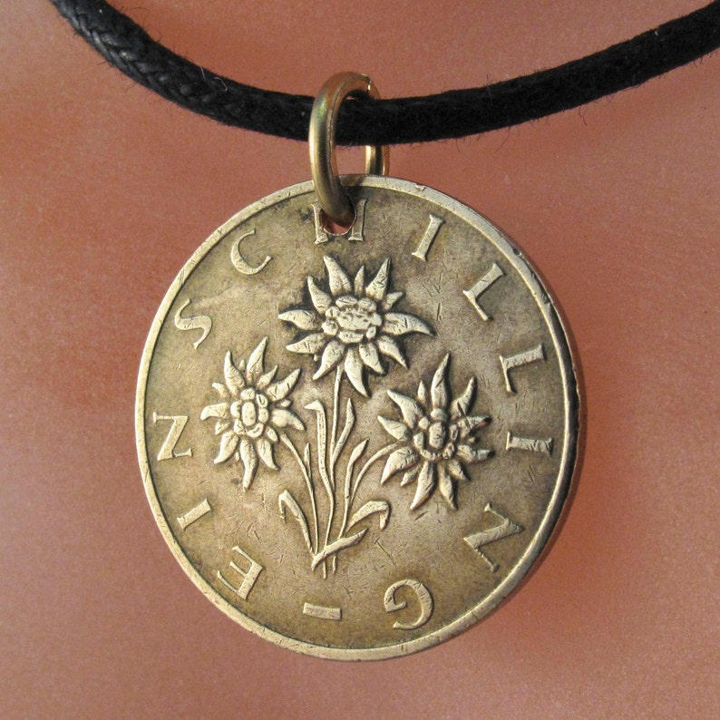 AUSTRIA coin necklace pendant charm Austrian schilling Edelweiss Flower jewelry CHOOSE YEAR shilling No.00367 image 1