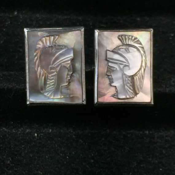 Vintage Sterling Cameo Cuff Links.  warrior cuff … - image 1