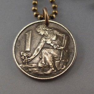 Czechoslovakia necklace. CZECHOSLOVAKIA COIN jewelry. czech necklace. coin. czech coin . brass coin. patina. chain No.001493