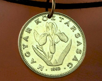 Iris Pendant. HUNGARY COIN necklace . flower coin jewelry. charm pendant . hungarian 20 forint.  No.001063