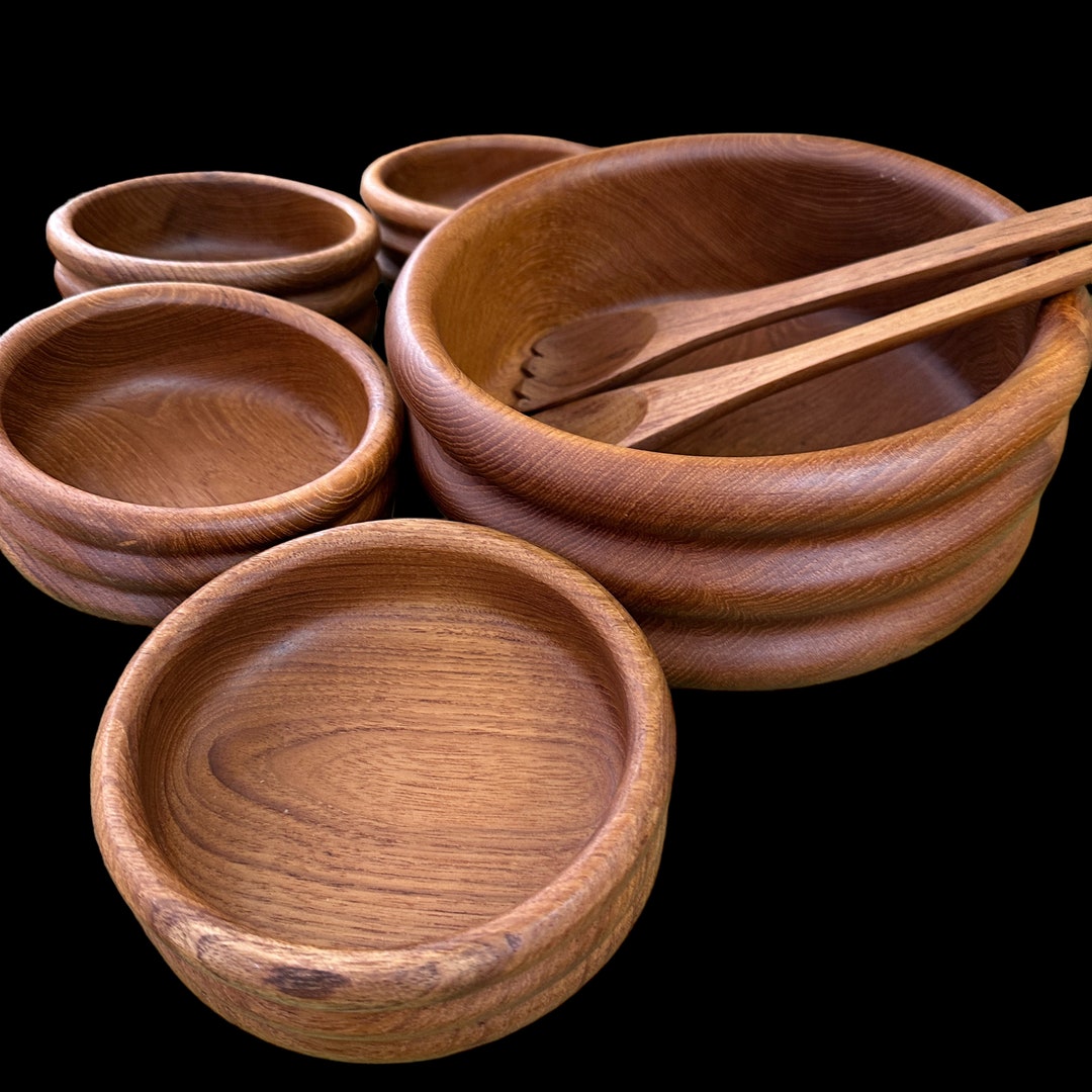 Vintage Teak Salad Bowls, Mid Century Wood Serving Bowls, Danish Teak