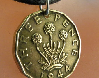 Thrift Flower ENGLAND COIN NECKLACE . Uk pence  flower charm. choose year No.00674