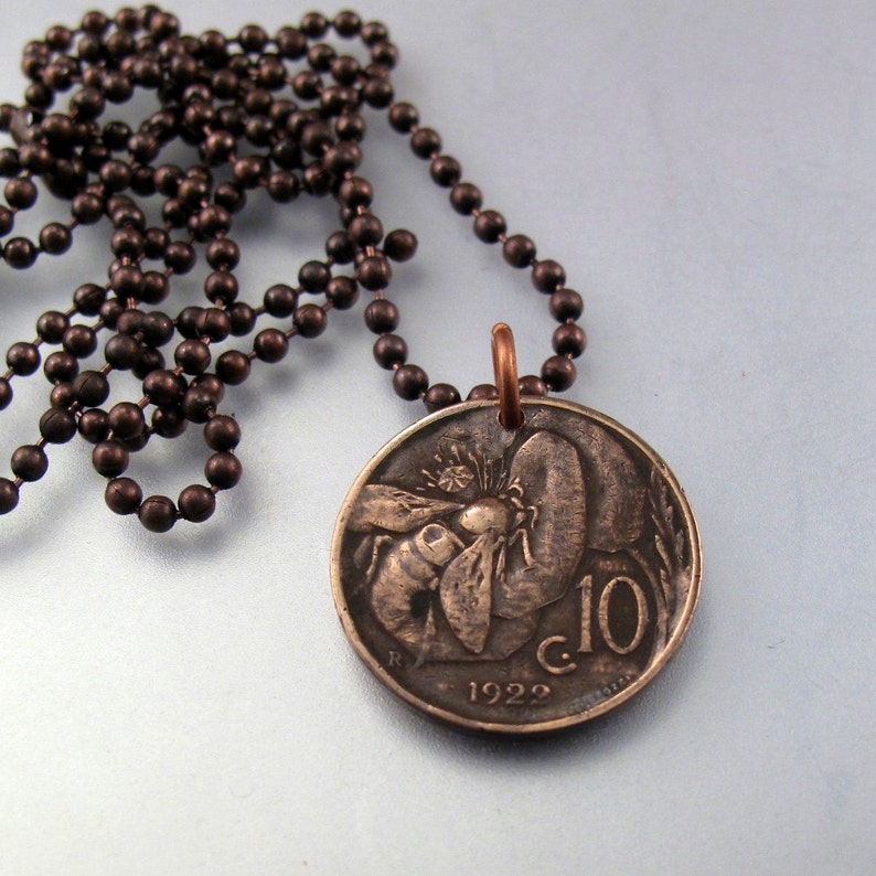 Coin jewelry ITALY COIN necklace italian vintage centissimo coin honey bee flower chain choose year No.001064 image 2