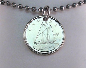 CANADA necklace. Canadian coin jewelry.  Canadian dime charm. mens jewelry.  blue nose. tall ship charm.  sailing gift. Nautical pendant