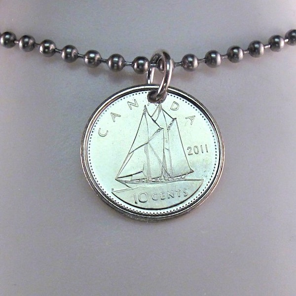 CANADA necklace. Canadian coin jewelry.  Canadian dime charm. mens jewelry.  blue nose. tall ship charm.  sailing gift. Nautical pendant